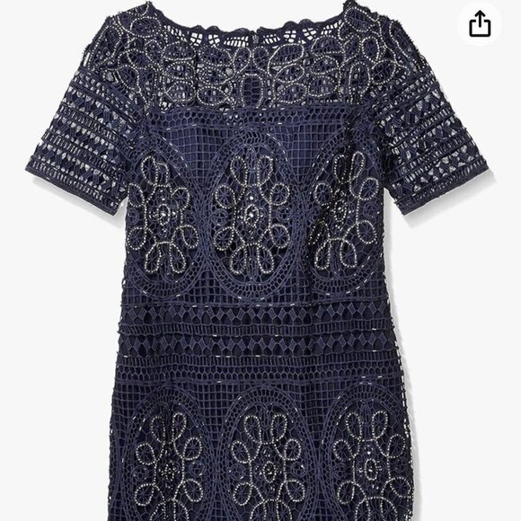 Aidan Mattox Navy Short Lace Beaded Sheath Cocktail Dress, Size 12 - Picture 3 of 16